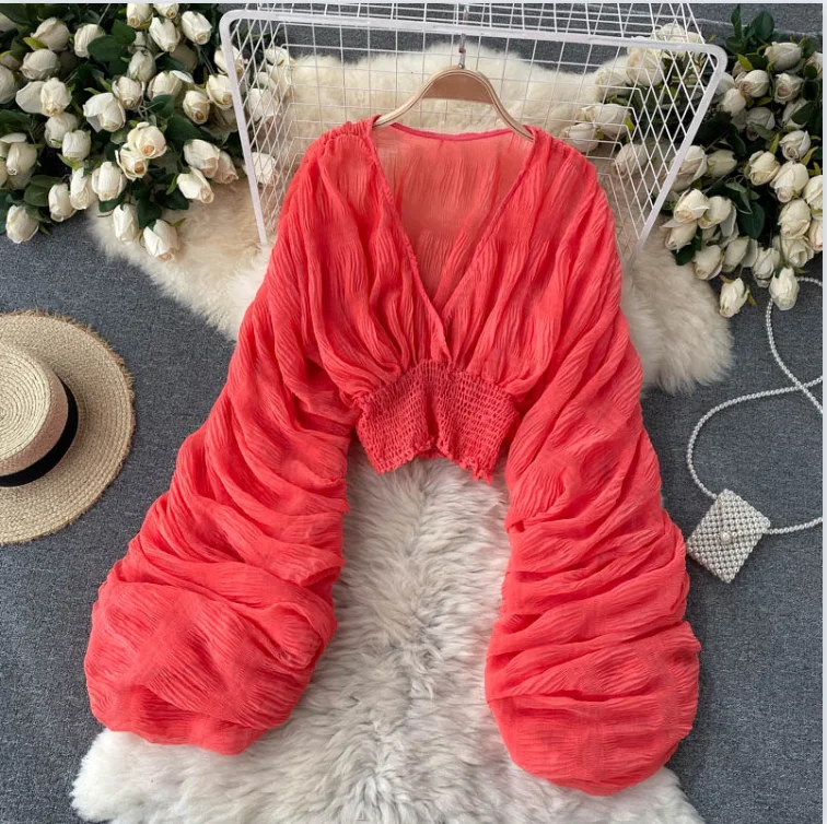 

Summer Sexy Draped Chiffon Blouse For Women Elegant V-Neck Puff Long Sleeve Short Tops Female Slim Party Shirts 2024 New Fashion