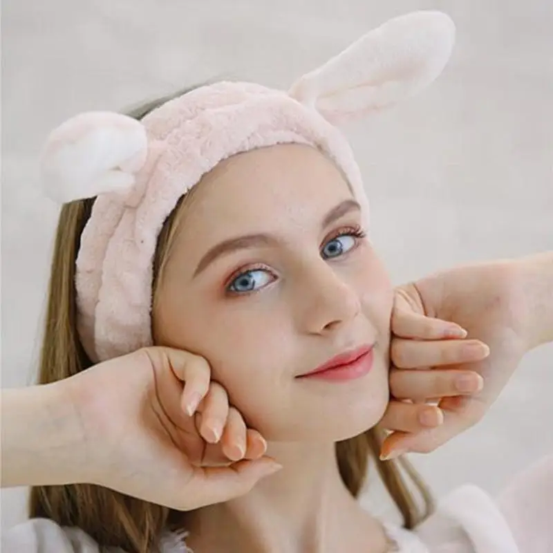 Gesichts wäsche Stirnbänder für Frauen Mädchen süße Hasen ohren Haar bänder Make-up Kopf wickel Korallen Fleece Spa Stirnbänder Haarschmuck – Detail 5