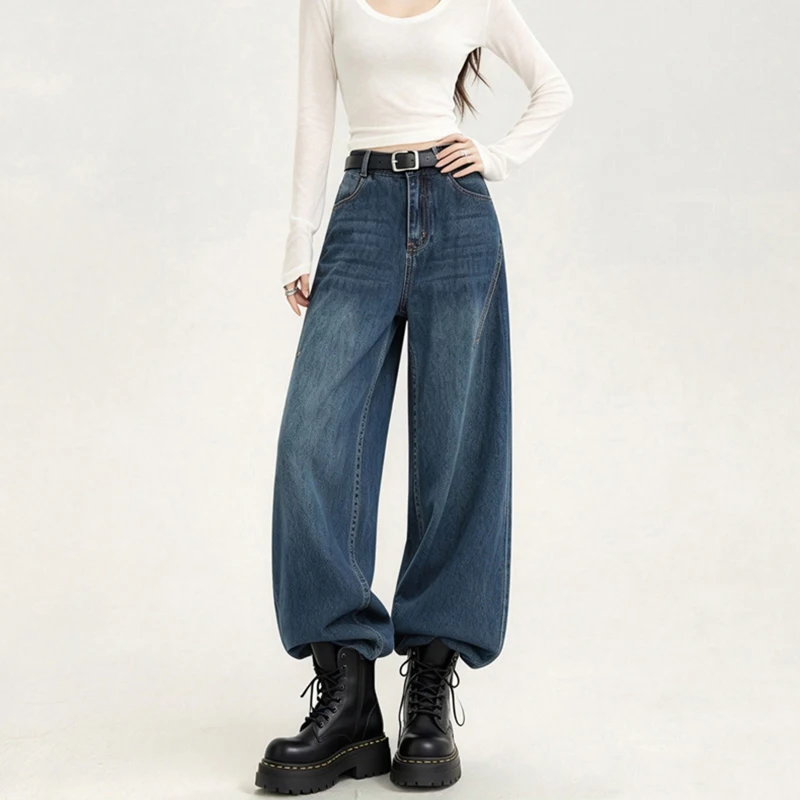 American Chic Fleece Lined Women Jeans Baggy Wide Leg Pants High Waist Denim Trousers Retro Streetwear Winter Warm Pants