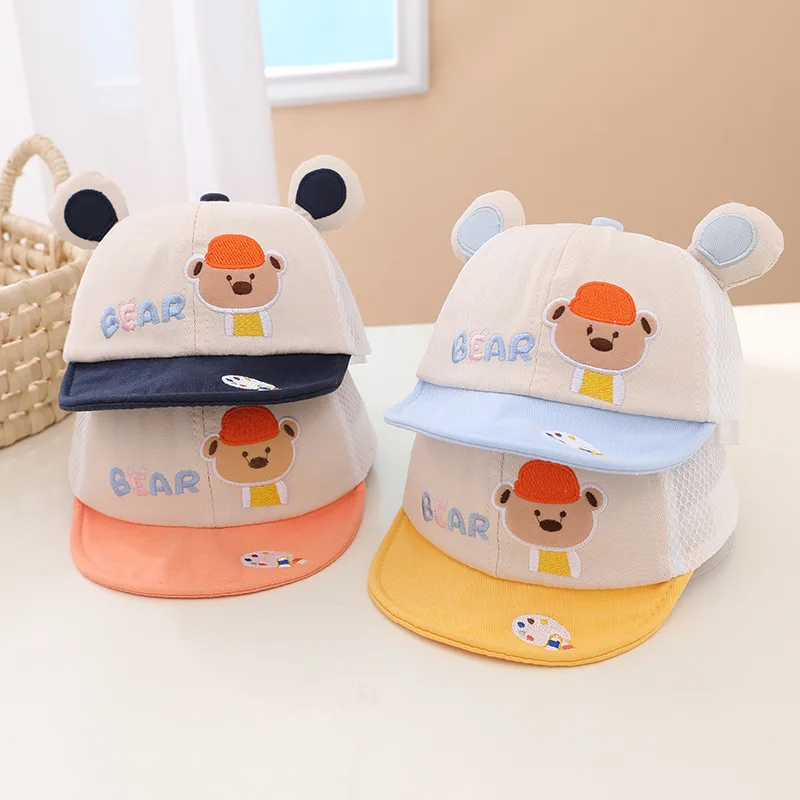 Summer Baby Bear Ear Soft Brim Cap for Infants Kids Mesh Baseball Caps Baby Lovely Cartoon Bear Hats for Girls Boys 6-18M