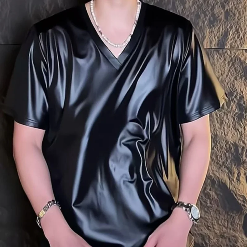 Men's Black Shiny V Neck Short Sleeve T Shirt Solid Color Casual Top Soft Stretchy Fabric for Summer Daily Wear
