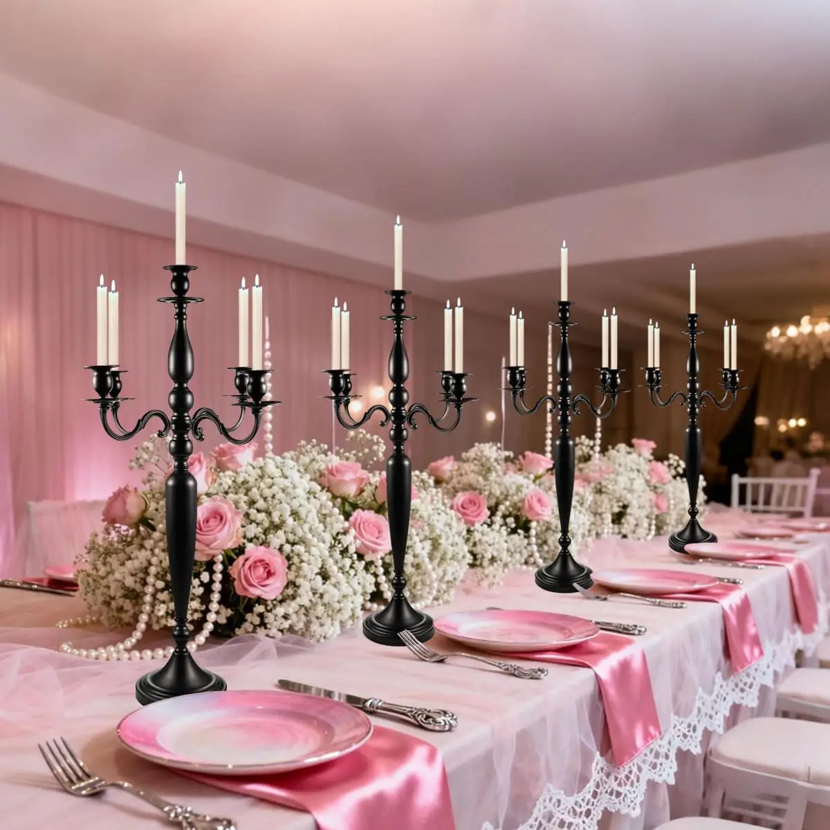 4Pcs 29 Inch Pure Black Metal 5-Arm Candelabra, Tall Candlestick Stand for 0.75 Inch Taper Candles, Home Wedding Party Table Centerpiece Halloween Decor