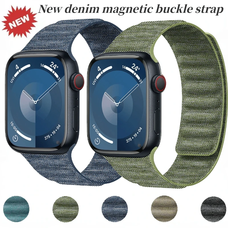 New Denim Magnetic Nylon Strap For Apple Watch Ultra 2 49mm 45mm 41mm 44mm 40mm 46mm 42mm Band iWatch 10 9 8 7 6 5 4 SE2 Correa