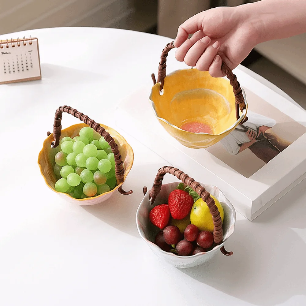 

Flower Design Ceramic Fruit Basket Colorful Portable Dried Fruit Storage Basket Creative with Handle Jewelry Storage Basket
