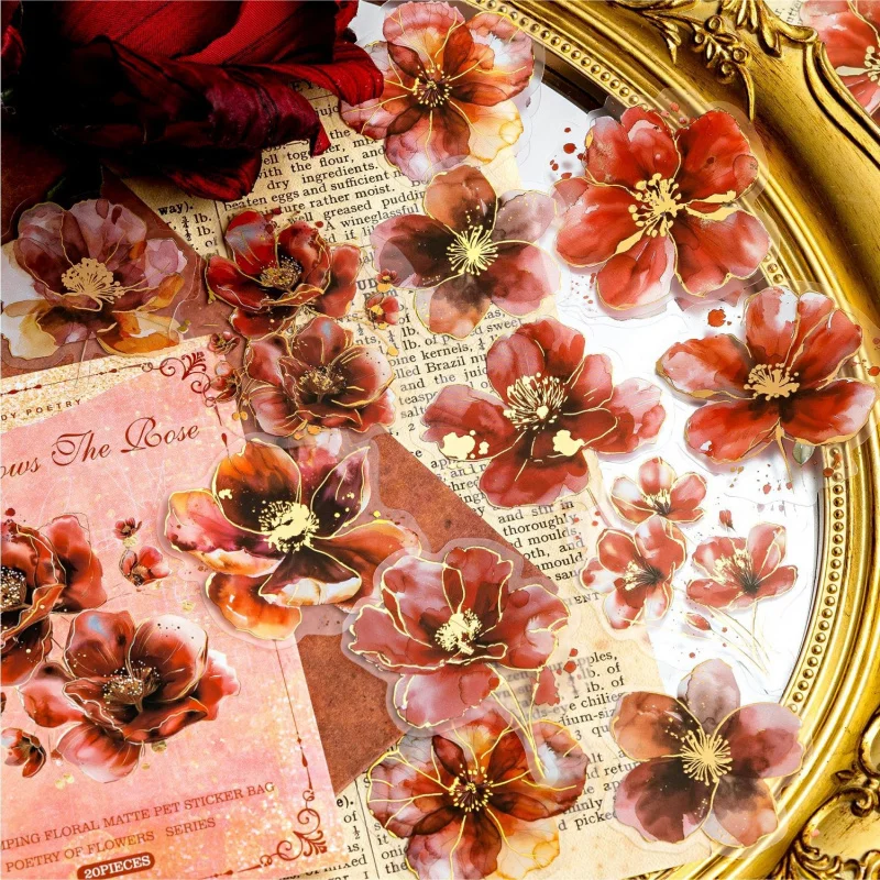 20pcs/lot Gilded Floral Sticker Pack, Gold-Foil Flower Stickers, Decor for Hand Account, Notebook, Journal & Scrapbook