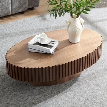 Image 43.31" Oval Coffee Table, Farmhouse Wood Coffee Table for Living Room,Circle Drum Coffee Table with Handcrafted Relief