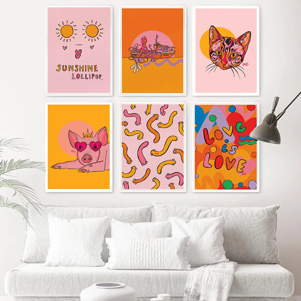Colorful Canvas Party Alpaca Pig Sheep Art Print - Funny Octopus Worms Poster with Sunshine Pride Design Ideal Kid Room Decor