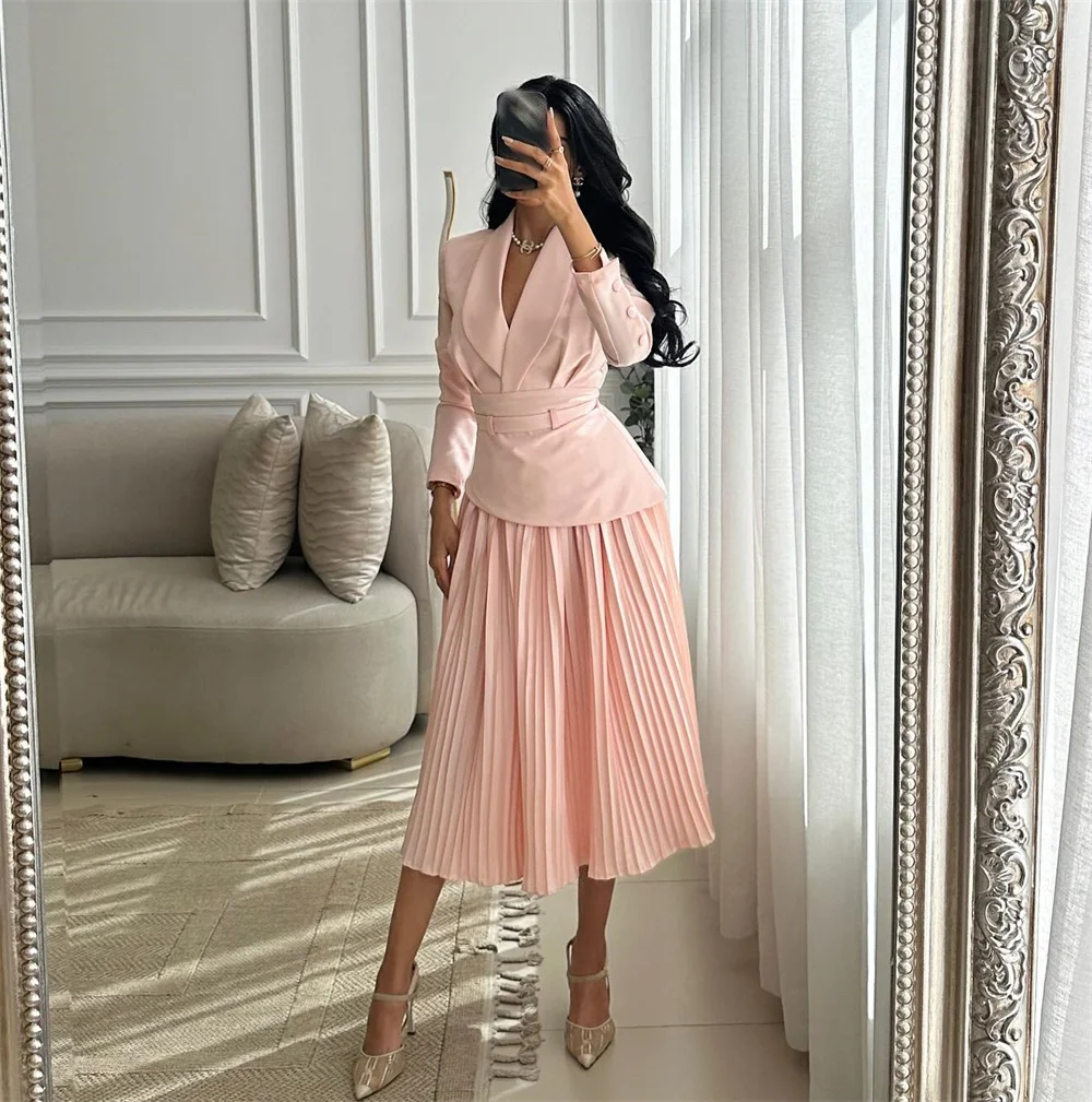 

Formal Sizes Available Jersey Pleat Draped Button Sash A-line V-neck Midi Dresses Homecoming Dresses Matching High Quality Retro