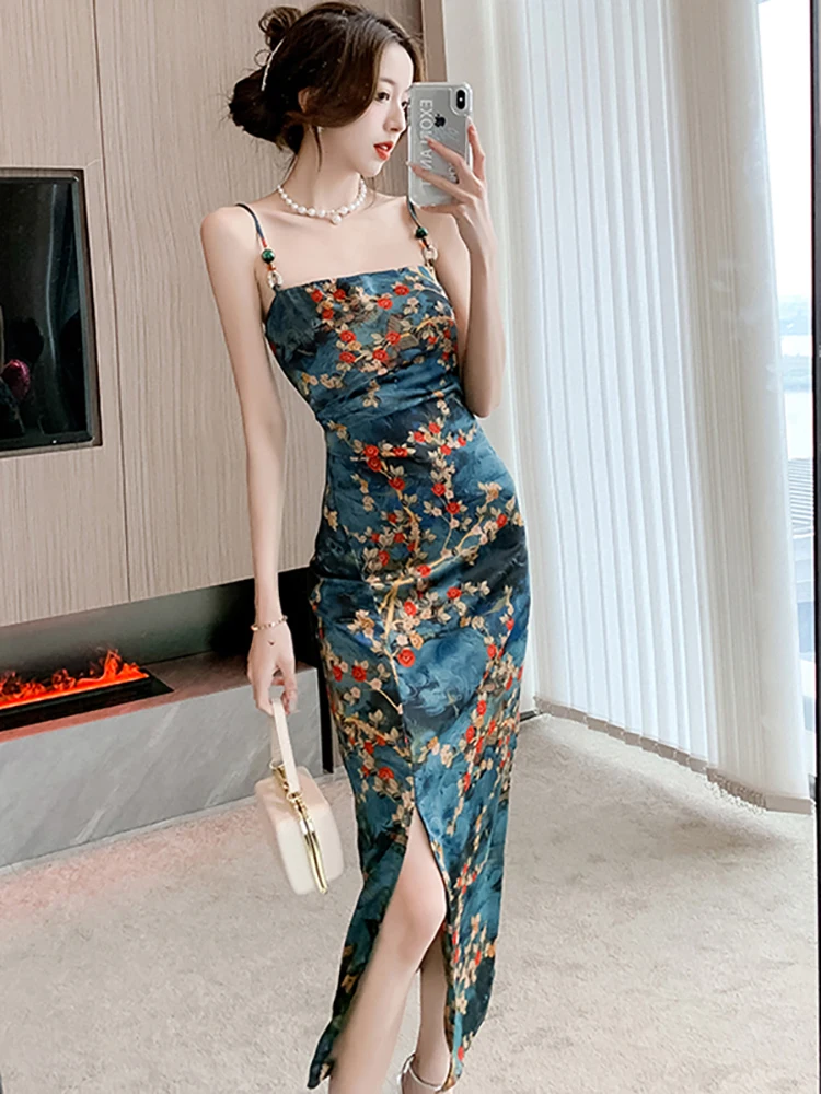 Women Korean Vintage Floral Satin Luxury Long Dress Summer Chic Elegant Sling Sexy Dress 2024 Fashion Bodycon Party Night Dress