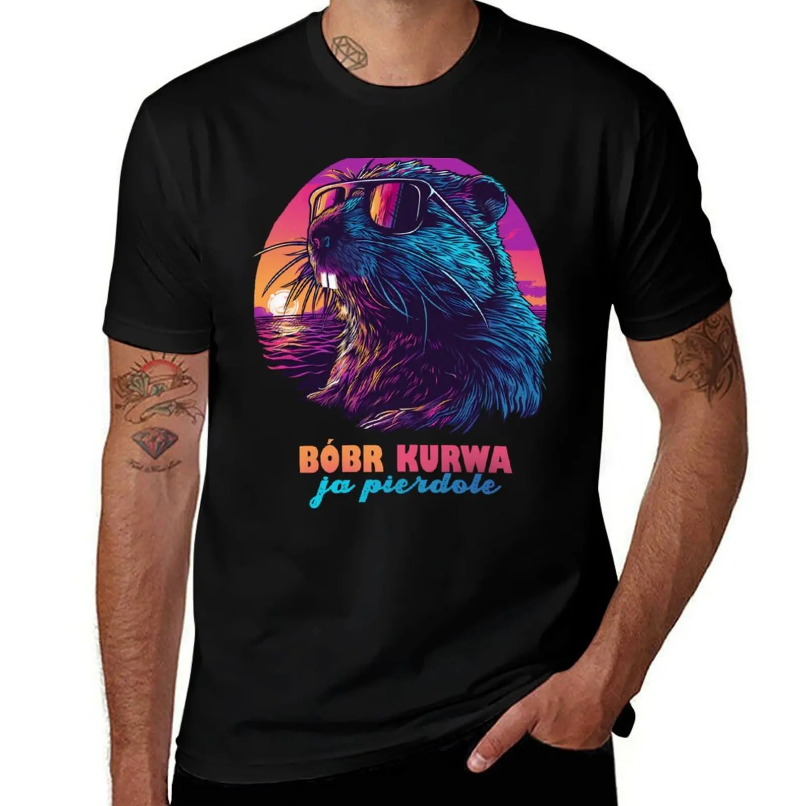 Synthwave Polish Beaver Meme Ja pierdole Bobr Bober Kurwa T-Shirt Fashion Casual Short Sleeve Top T-Shirt