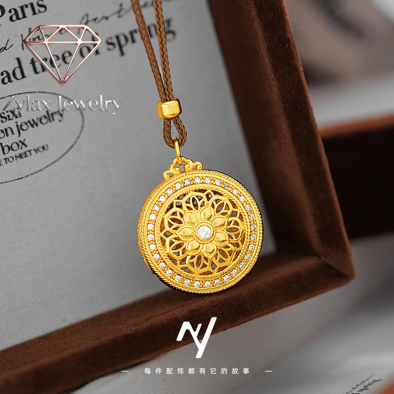 

Zylax Jewelry Luxury 24K 9999 Pure Gold real gold Women's Hollow Filament Sunflower Diamond Pendant Necklace