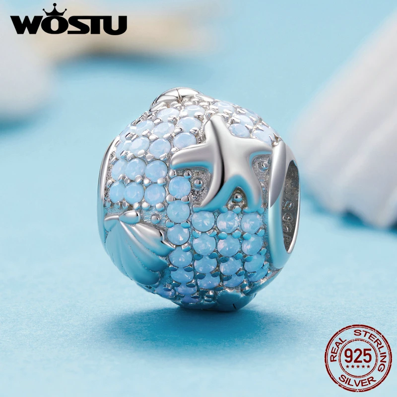 WOSTU 925 Sterling Silver oceaniczny światowy żółw koraliki z muszli łańcuch bezpieczeństwa serca tęczowe kryształowe amulety dopasowane do DIY