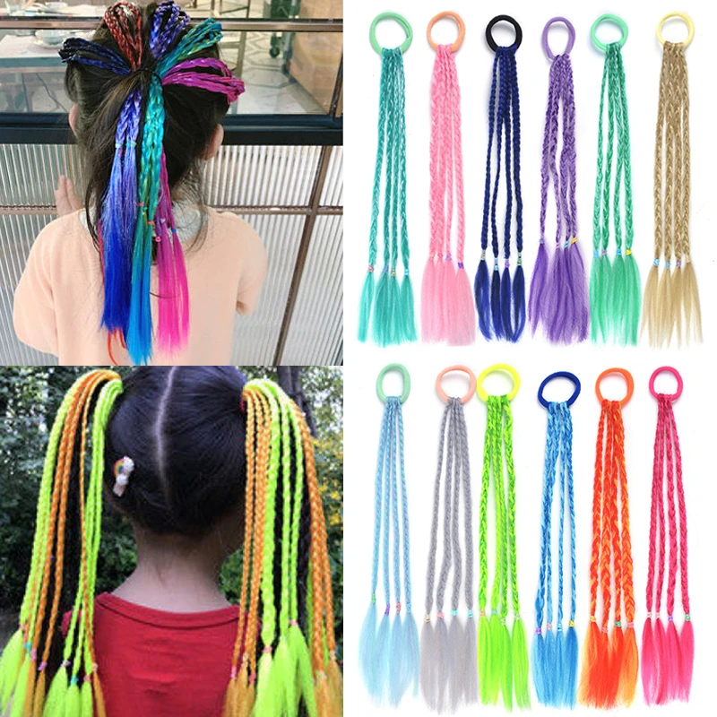 

Kids Rainbow Headdress Box Braids Ponytail With Elastic Rubber Band Hair Extensions Colored Box Rope Box Braided Girls Pigtail