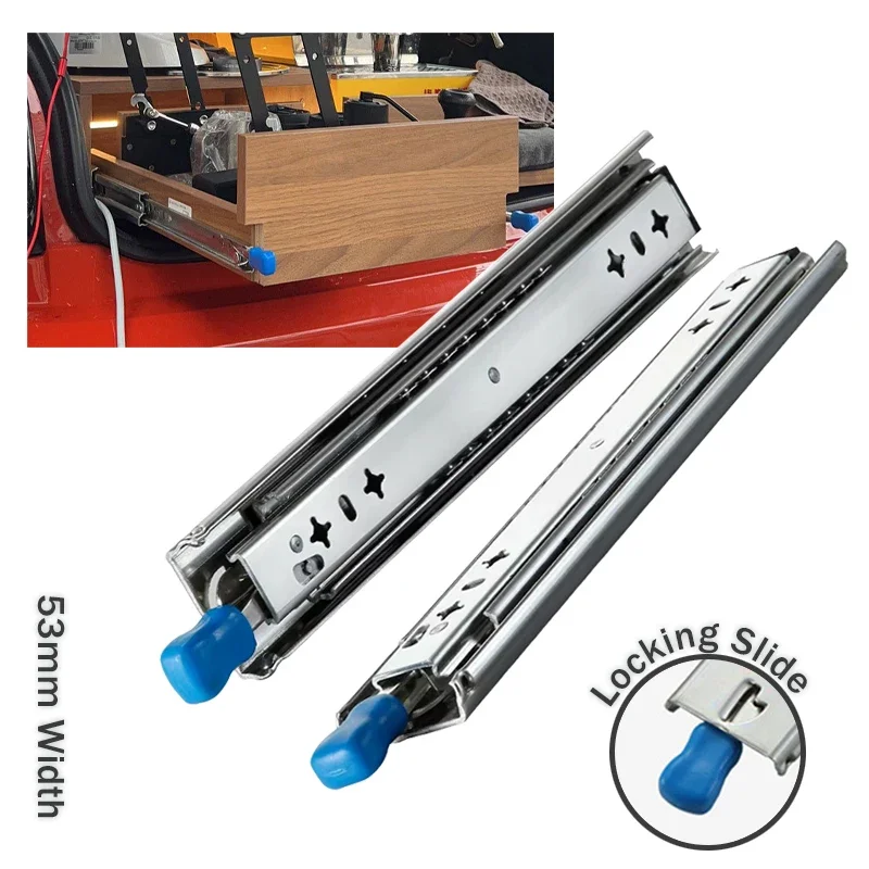 53mm Width Heavy Duty Drawer Slides With Lock Ball Bearing Three Fold Full Extension Runners 260 lb Capacity Full Extension Ball