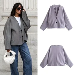 PB&ZA 2024 Early Autumn New Women's Fashion Temperament V-neck Solid Color Two-button Long-sleeved Slimming Jacket