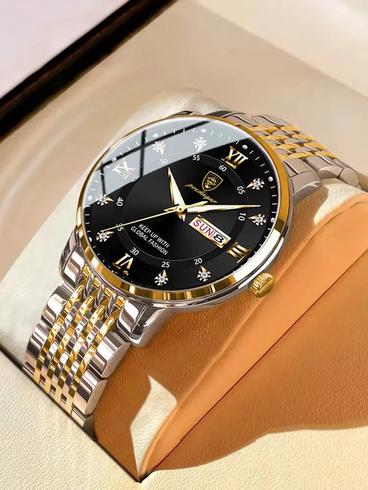 Men Quartz Watch Dual Date Display Roman Dial Two-tone Stainless Steel Band Business Waterproof Wristwatch for Men Reloj Hombre