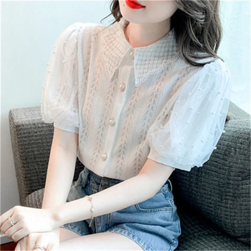 Women Spring Summer Style Lace Blouses Shirts Lady Casual Short Puff Sleeve Turn-down Collar Beading Decor Blusas Tops