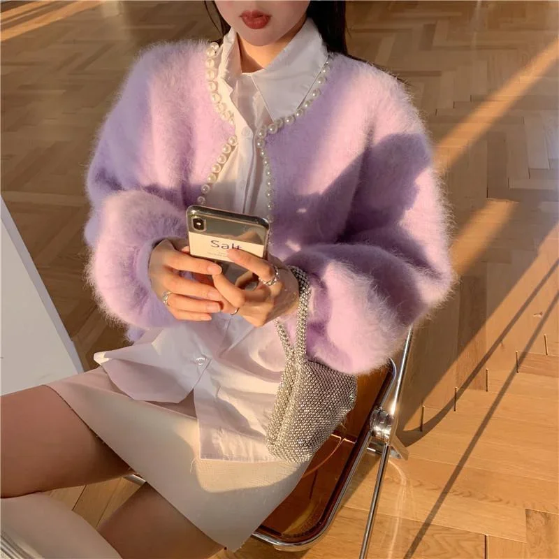 秋と冬の学校厚いパールニット小さな香りのスタイル甘い美しさランタンスリーブベルベットセーターカーディガンジャケットトップ