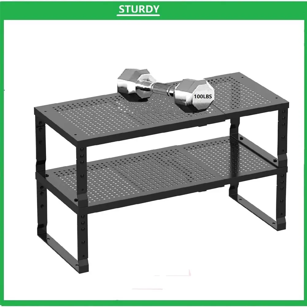 拡張可能なメタル収納ラック - 2個パック 中サイズ ブラック、家庭、キッチン、バスルーム、オフィス、ガレージに最適