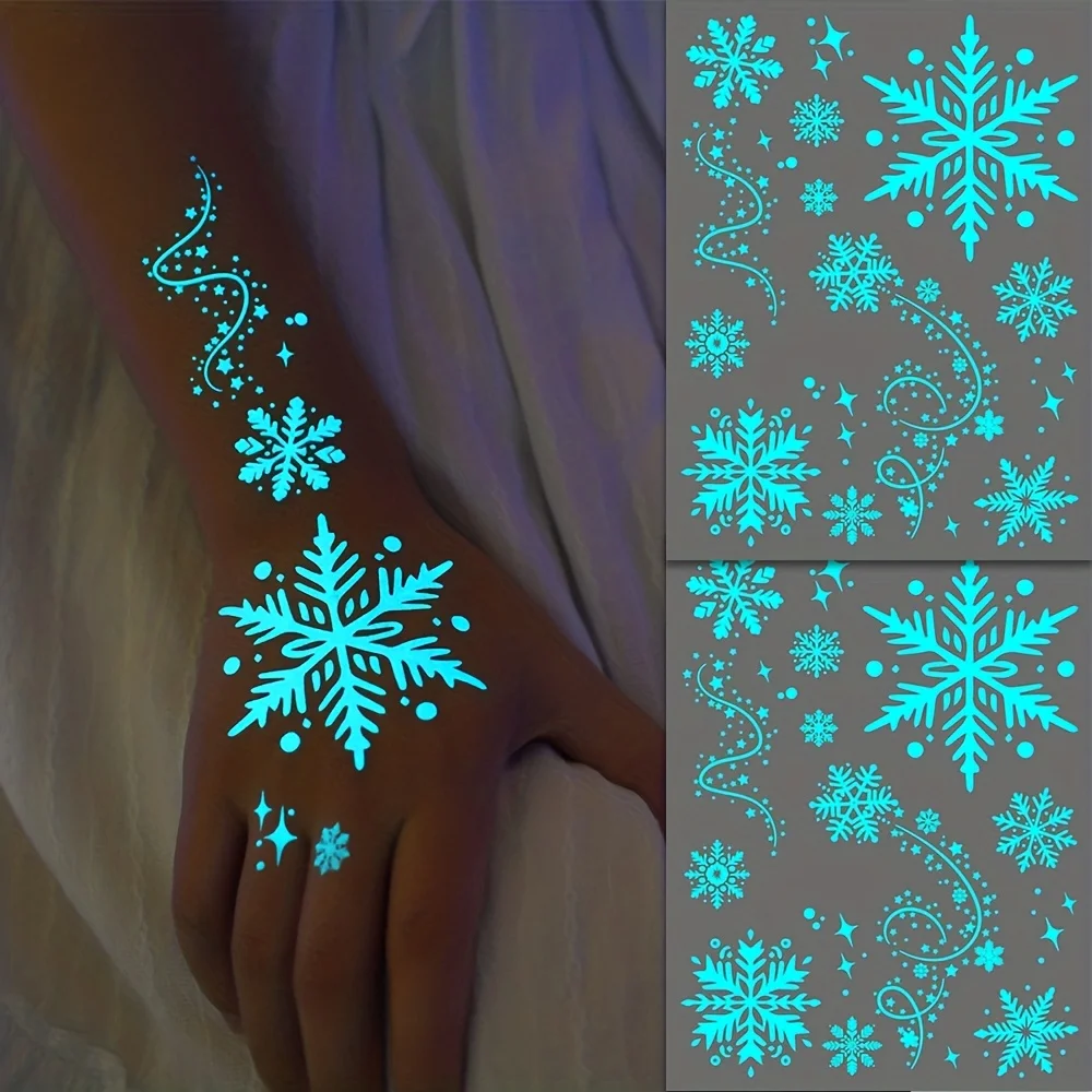 4 Sheets Magic Blue Snowflake Tattoo Glow in the Dark Tatoo Christmas Body Art Waterproof Stickers for Holiday Gifts Goodie Bags