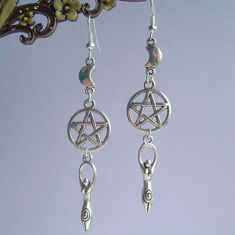 Fashion Mother Earth Muse Pentagram Moon Long Dangerous Earrings Pagan Witchcraft Witch Accessories