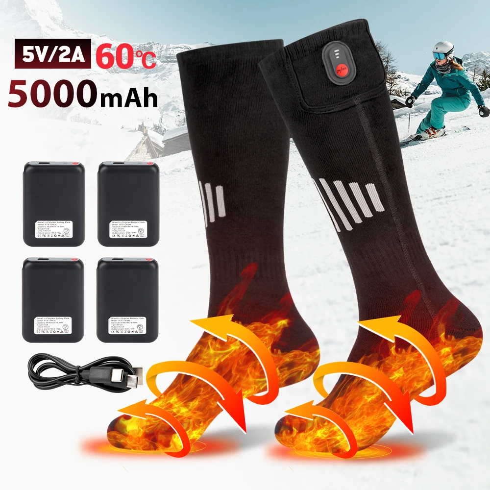 Beheizte Wintersocken, wiederaufladbare Heizsocken für USB, 5000 mAh, beheizte Socken, Wärme, beheizte Outdoor-Stiefel, Schneemobil, Skifahren