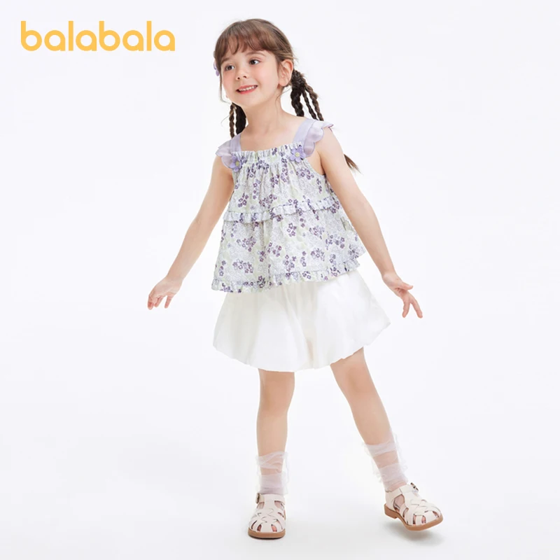 Balabala Children Set  Girls Short-Sleeve 2024 Summer New Cute Small Floral Pattern Lovely Suspender Top and Lantern Pants