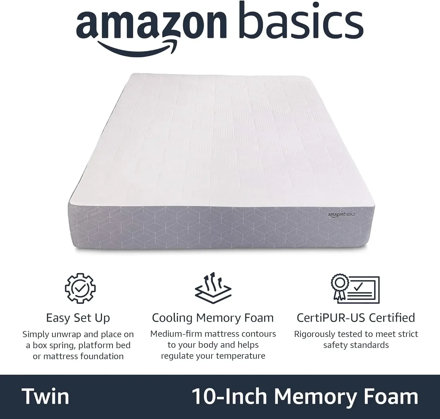 Cooling Gel Memory Foam Mattress, Medium-Firm, -US Certified, 10 inch, Twin Size, White/Gray