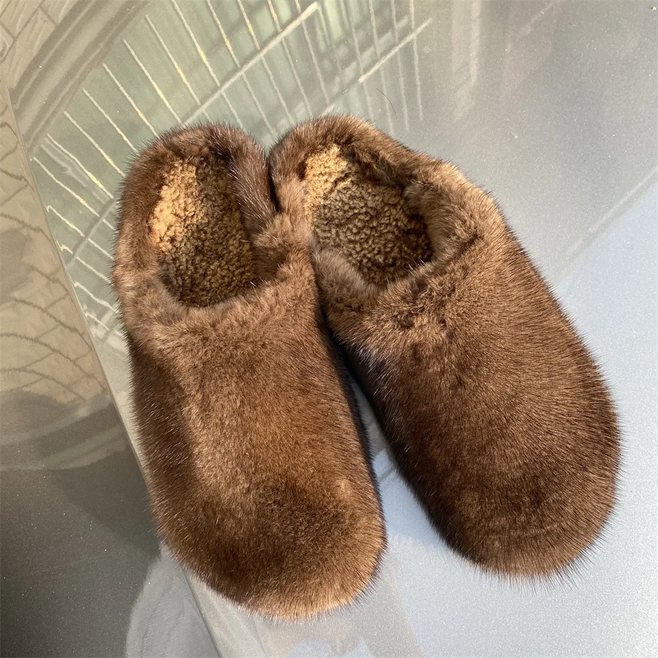 Damen Plateau-Sandalen mit Echtem Fell 2026 Herbst Winter Dicksohlige Hausschuhe für Frauen Outdoor Rutschfeste Natürliche Nerzfell-Pantoffeln – Detail 1