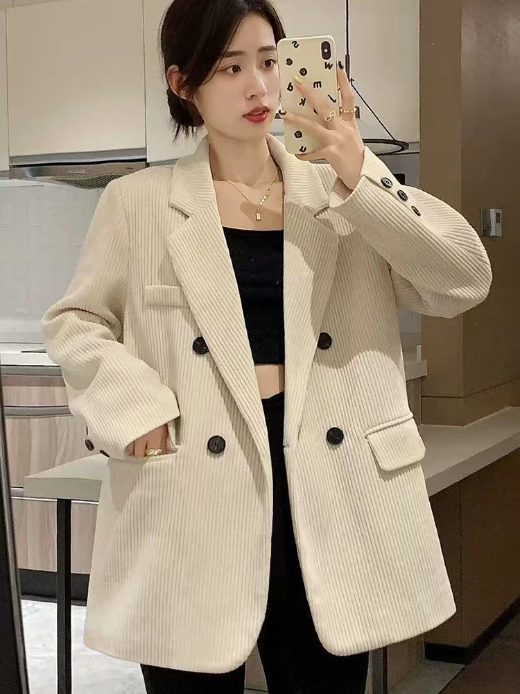 Winter Corduroy Blazer Women Y2K Loose Streetwear Casual Jacket Female Fashion Double-Breasted All Match Lapel Suit Coats New