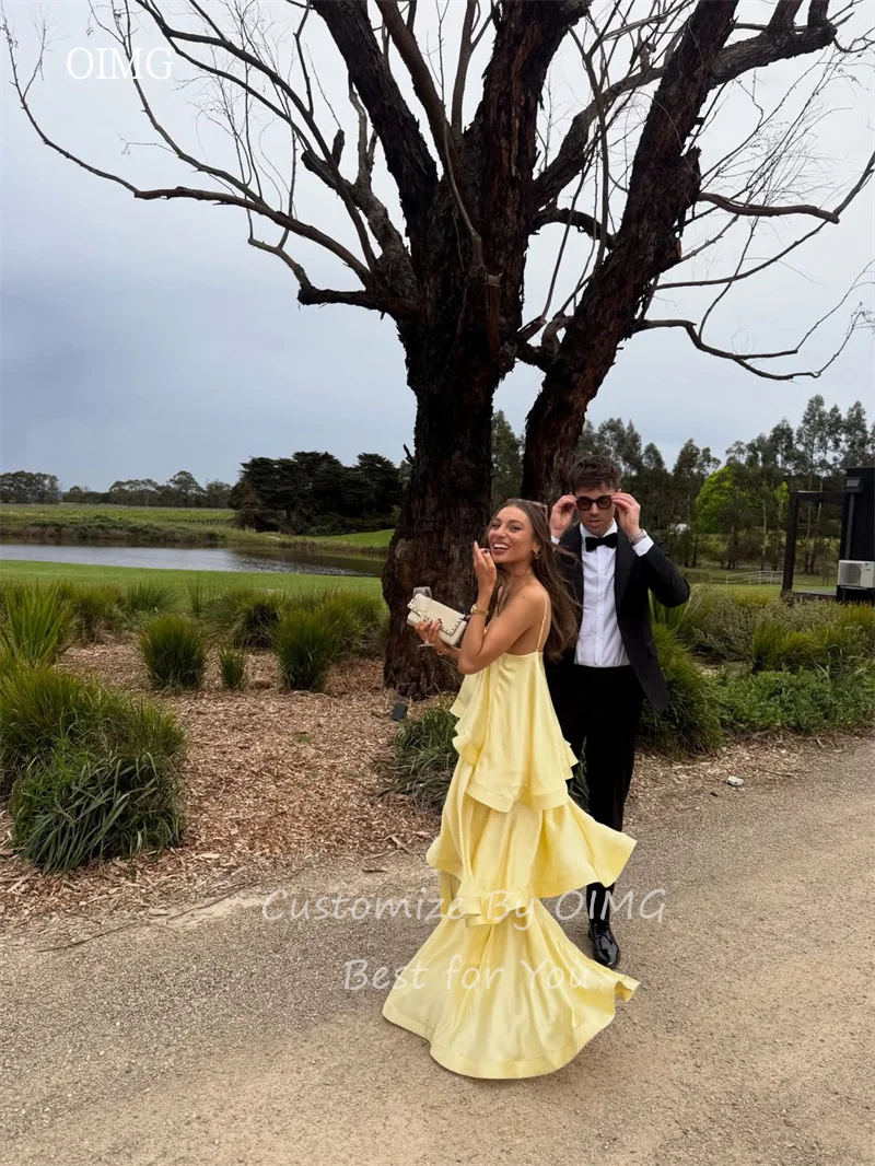 OIMG Flowy Yellow Multi-layered A Line Prom Gowns Spaghetti Strap Backless Party Gown Floor Length Evening Dress Customized image 4