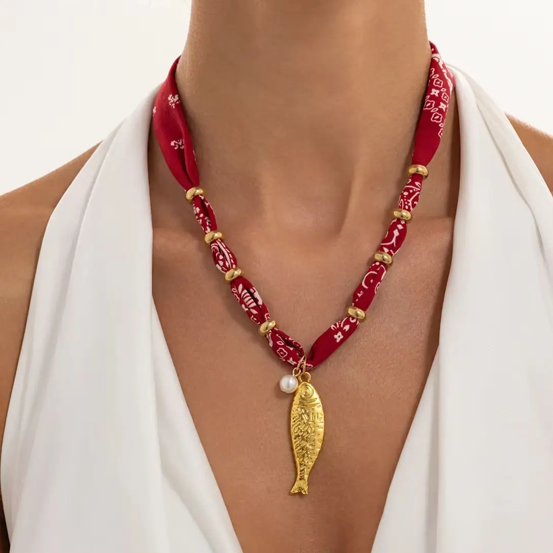 KunJoe Bohemia Vintage Red Ribbon Gold Color Fish Pendant Choker Necklace For Women Charm Clavicle Chain Jewelry Accessory Gifts