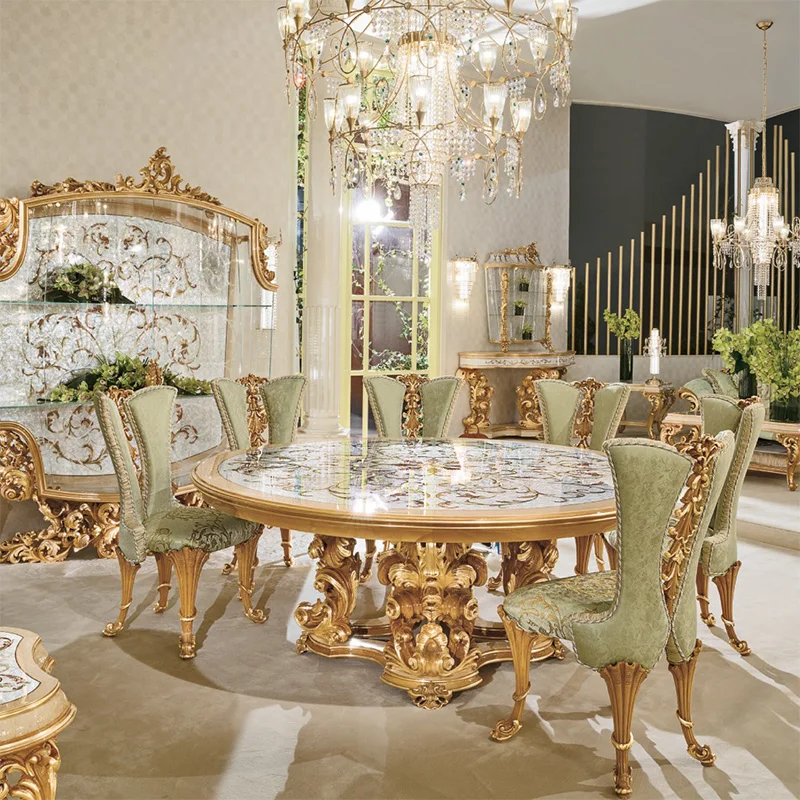 

High End European Classical Round Dining Tables 8/10 Chairs Royal Villa Elegant Handmade Inlaid Dining Table Set Luxury