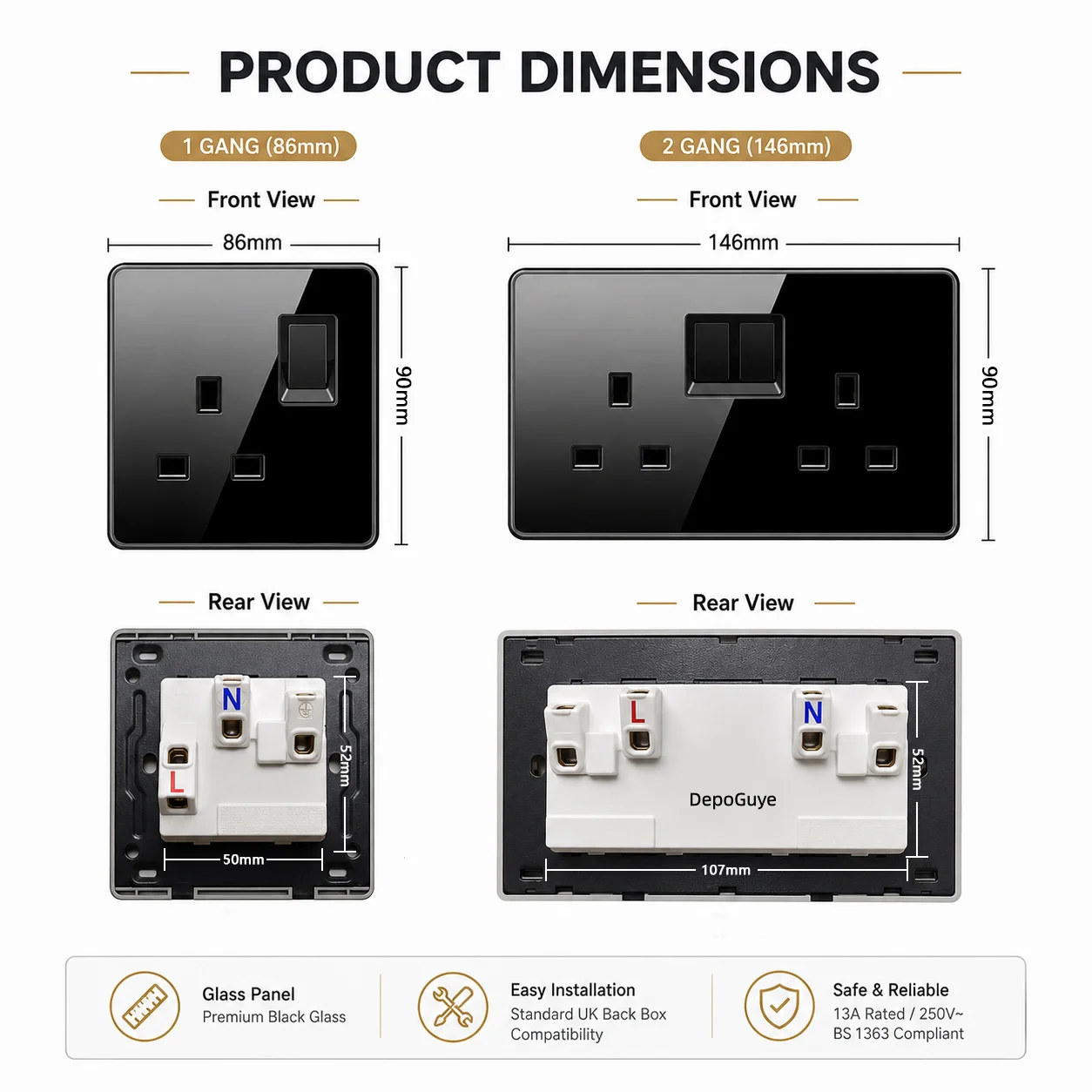Luxury All Tempered Glass Wall Light Switch Button Black UK Plug 13A Wall Socket with Usb ,220V 1gang2way Speed Switch image 6