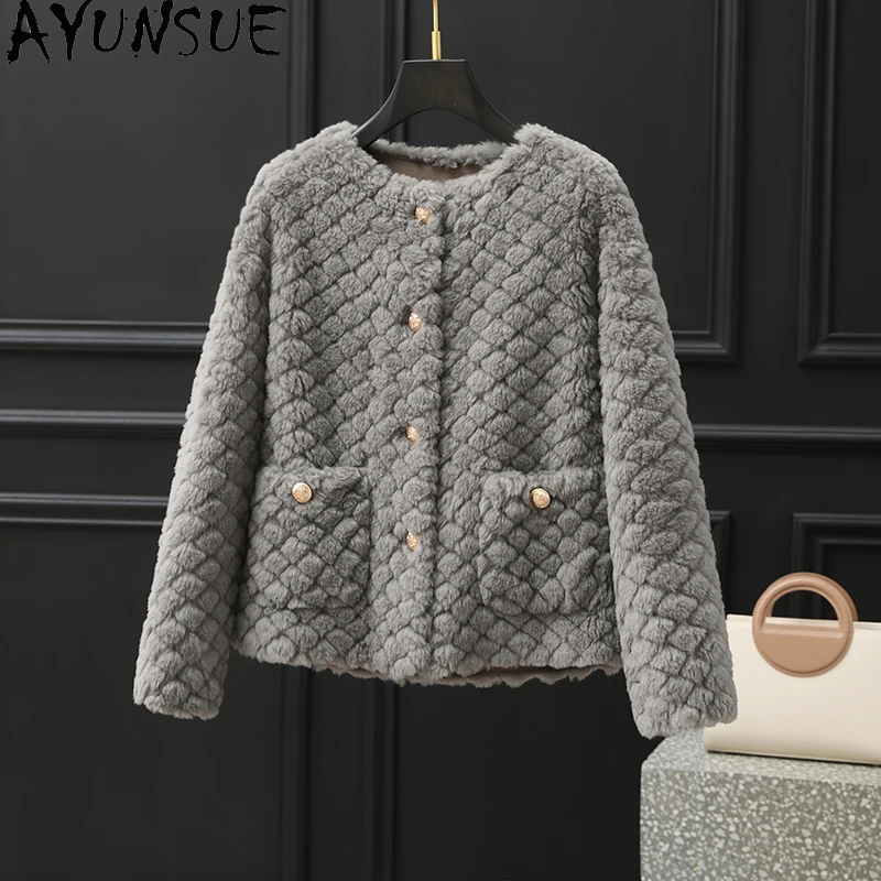معطف صوف 100% من AYUNSUE للنساء 2025 سترة شيرلينغ من الفرو والحبوب المركبة للخريف والشتاء ملابس نسائية كورية