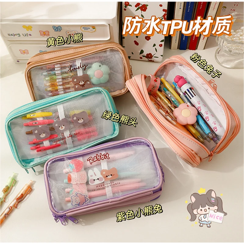 Imagem -02 - Estojo Transparente de Pvc dos Desenhos Animados Bolsa Kawaii de Grande Capacidade Papelaria Coreana para Escola e Escritórios Estudante Bonito