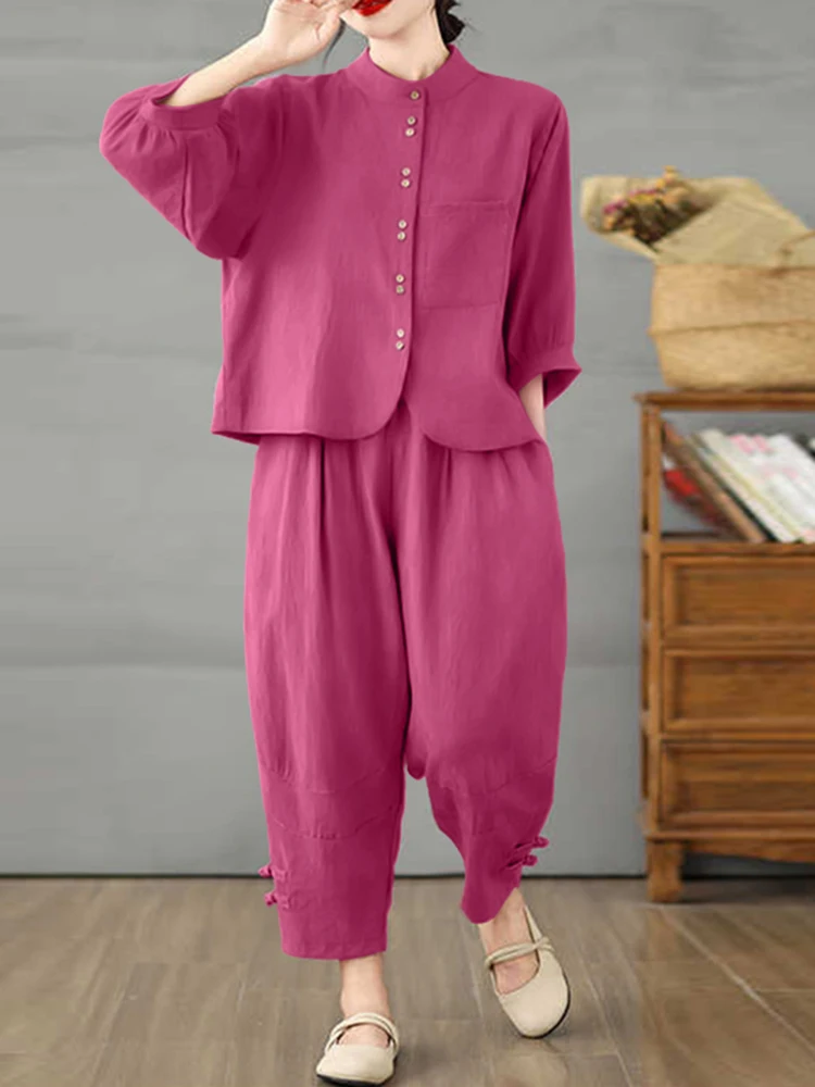 ZANZEA Women Casual Loose Sets Vintage 3/4 Sleeve Shirts Elastic Waist Loose Pants Solid Women Matching Sets 2025 Autumn Suits