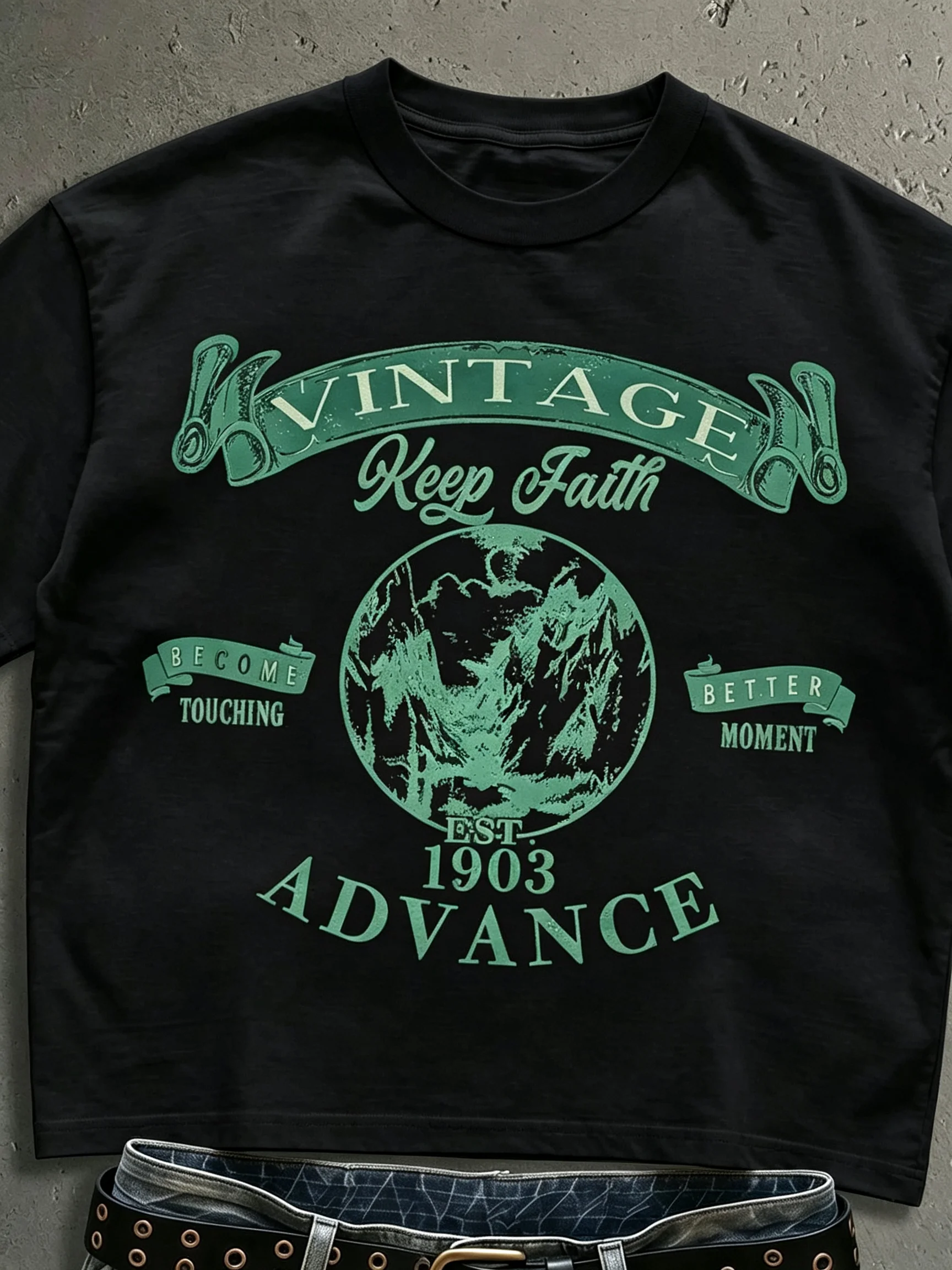 2026 New Vintage Family Matching Unisex Oversized T-Shirt Vintage Mountain Globe Ribbon Text Chest Front Print Streetwear Tops