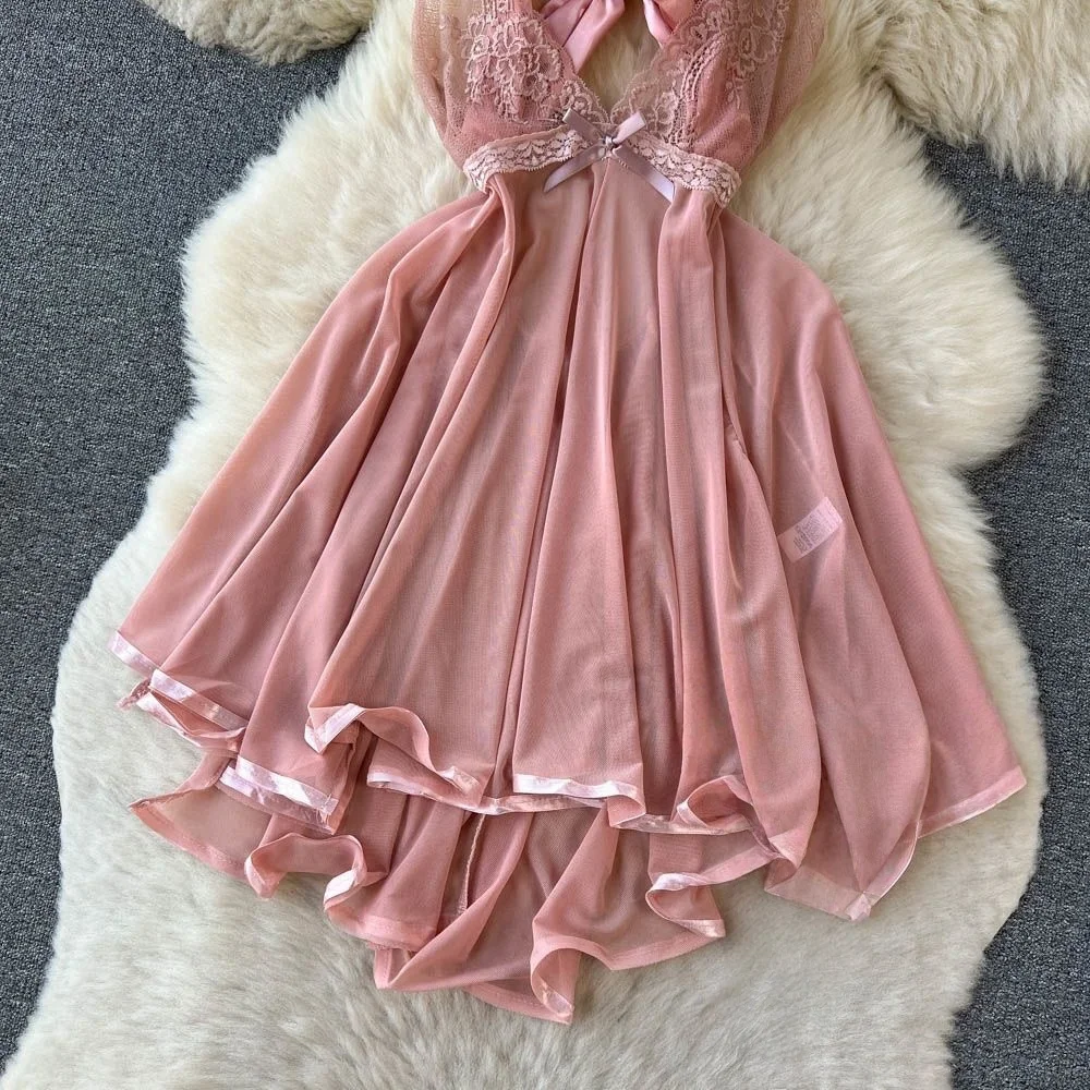 Damen Hotsweet Minikleid V-Ausschnitt Trägerkleid mit Weitem Saum Spitzenbesatz Sexy Club Dating Party Bequemes Prinzessinnenkleid Rosa Trend Y2K Neu – Detail 5