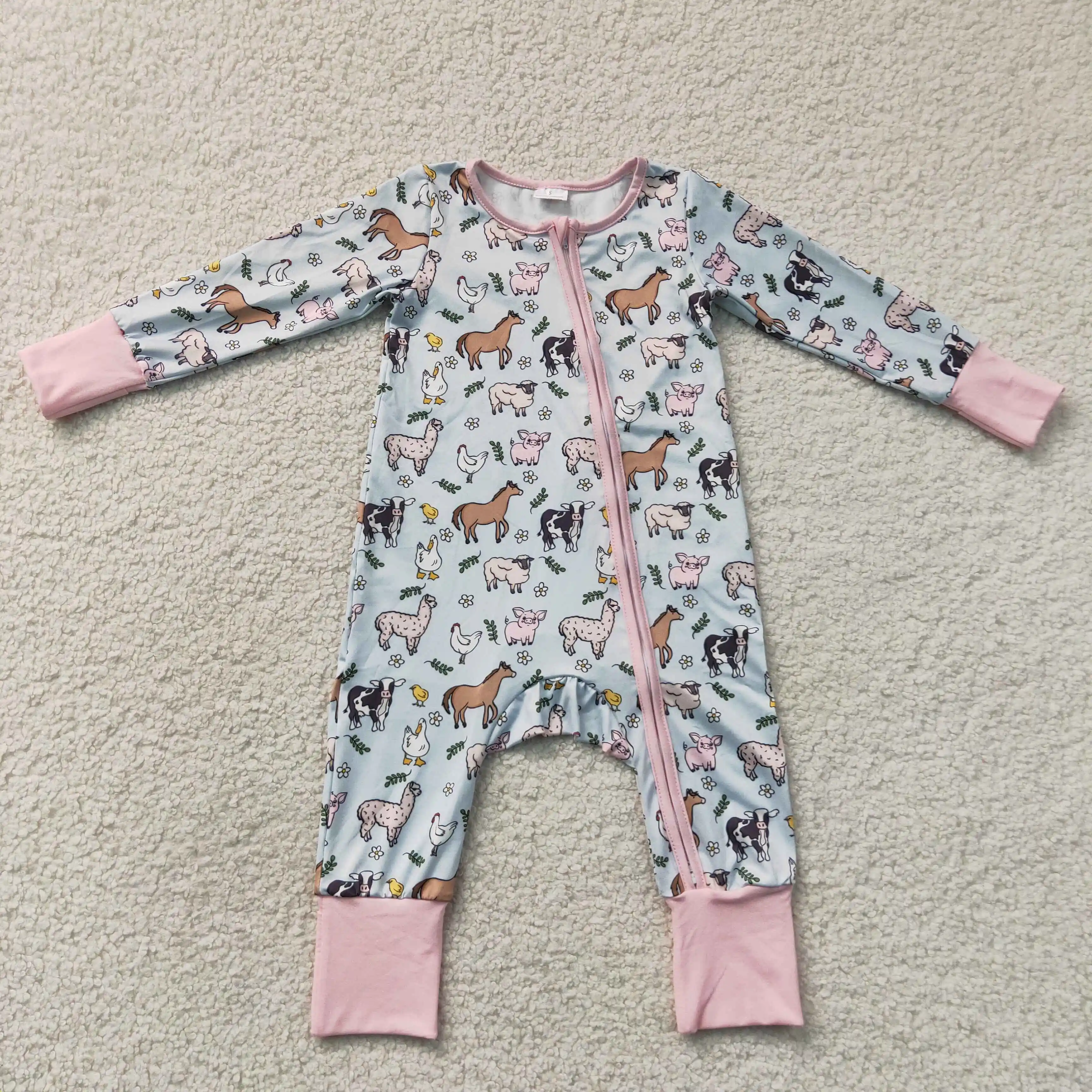 Wholesale Children Girls Long Sleeves Zipper Romper Baby Girl Farm Animals Flower Pants Sleepwear Kids Toddler Newborn Bodysuit