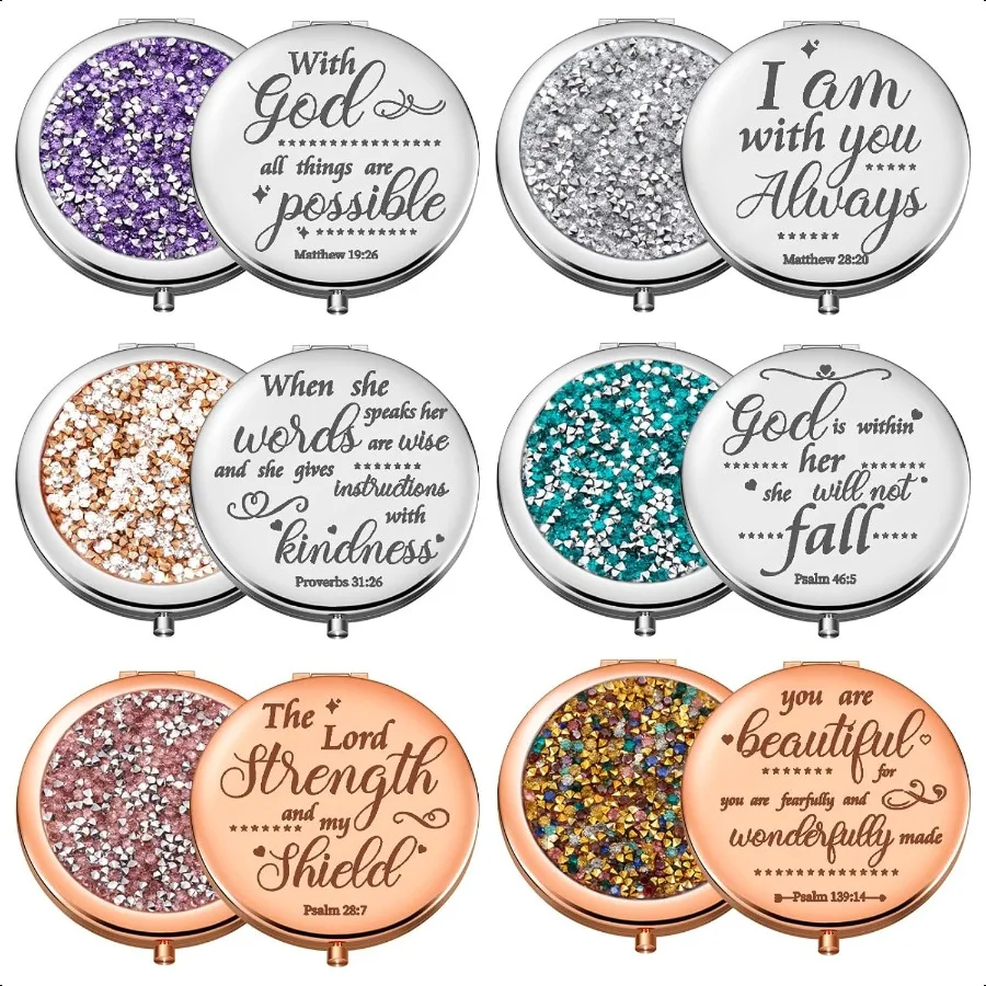 12 Uds. Espejo compacto cristiano, regalos para mujeres, versículo de la Biblia, maquillaje de mano a granel, bolso compacto, espejo, Bapti religioso inspirador