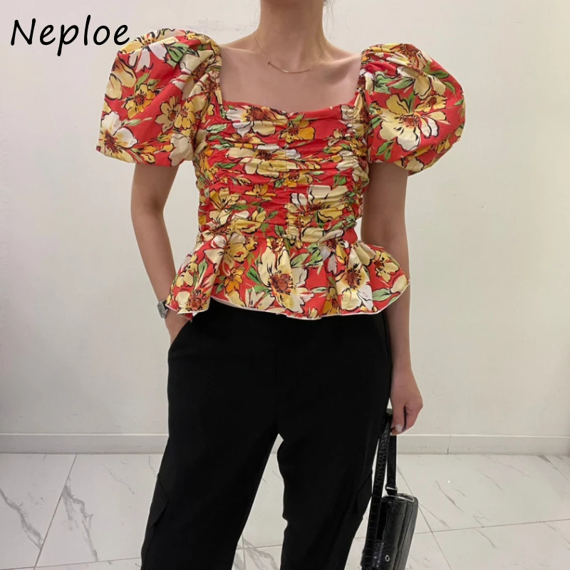 

Neploe Vintage Square Collar Floral Print Blouses 2025 Summer New Slim Waist Ruched Blusas Mujer Y2k Puff Sleeve Shirts Women