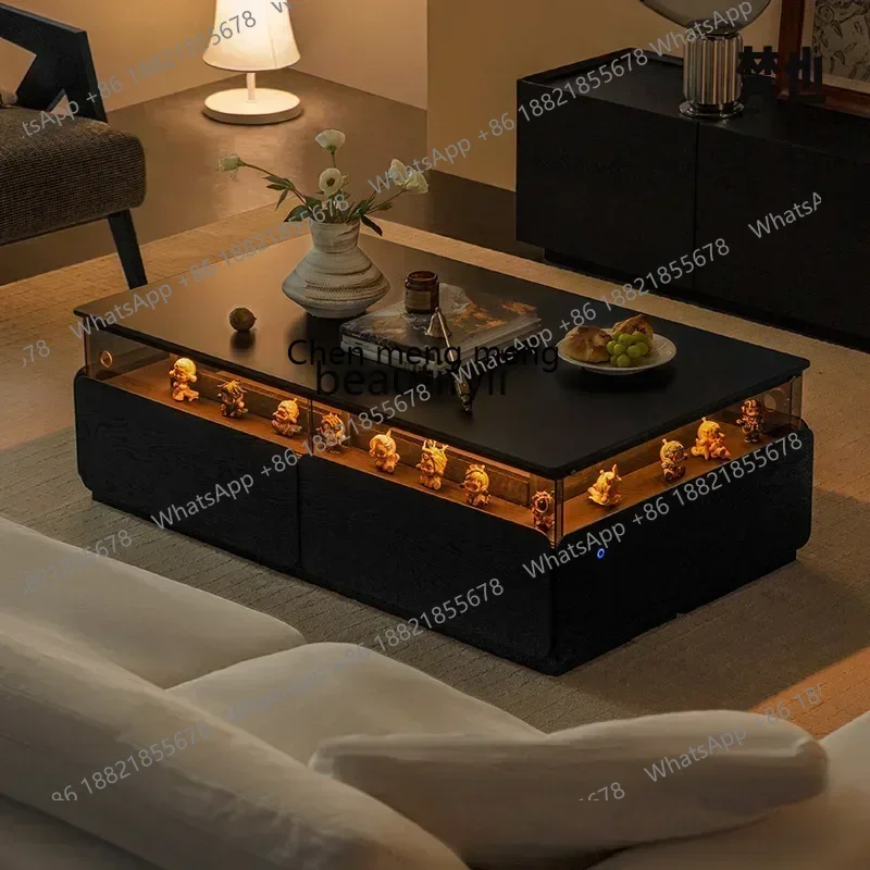 SS new styleBlack rock slab coffee table living room household Italian minimalist solid wood tea table with lamp light luxury ss