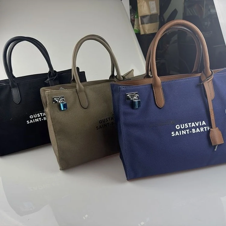Black Canvas Tote Bag Large Capacity Letter Print Handbag With Lock Decor Business Commute Shoulder Bag For Women view 4