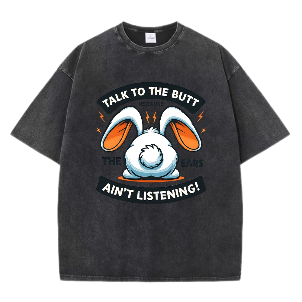 

Talk To The Butt Cartoon Rabbit Printing Men Washed T-Shirt All-Match Casual T Shirt Cotton Soft Summer Clothes Loose Trendy Top