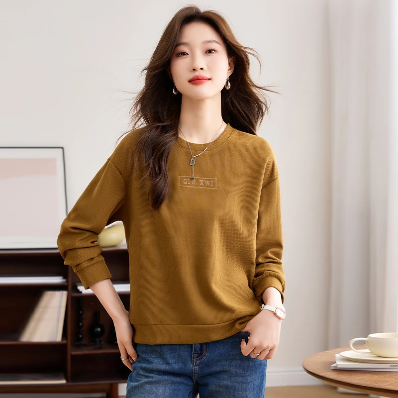 Women's Casual Round Collar Long Sleeve Sweatshirt Female Tee Shirt Loose Pullovers Monochromatic Vintage Clothing Autumn 2023