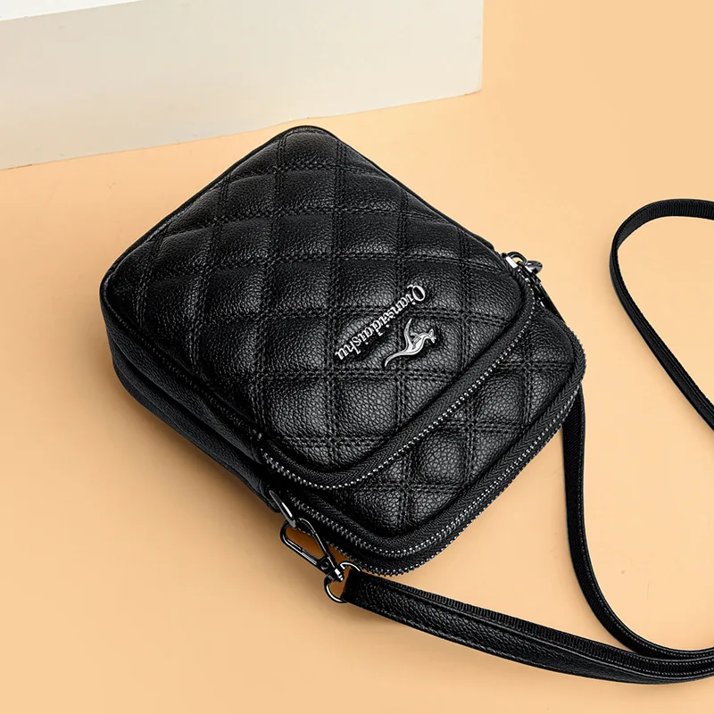 2024 New Three-layer Mobile Phone Bag Women\'s Single Shoulder Mother\'s Bag Fashionable Diamond Grid Embroidery Crossbody Handbag