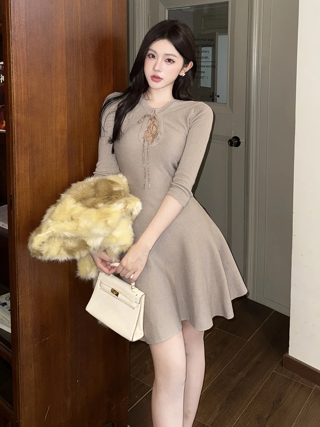 Nueva primavera otoño Sexy Y2K caqui de manga larga ceñido al cuerpo Mini vestido de mujer recortado vendaje arco apretado Club fiesta graduación vestidos de fondo