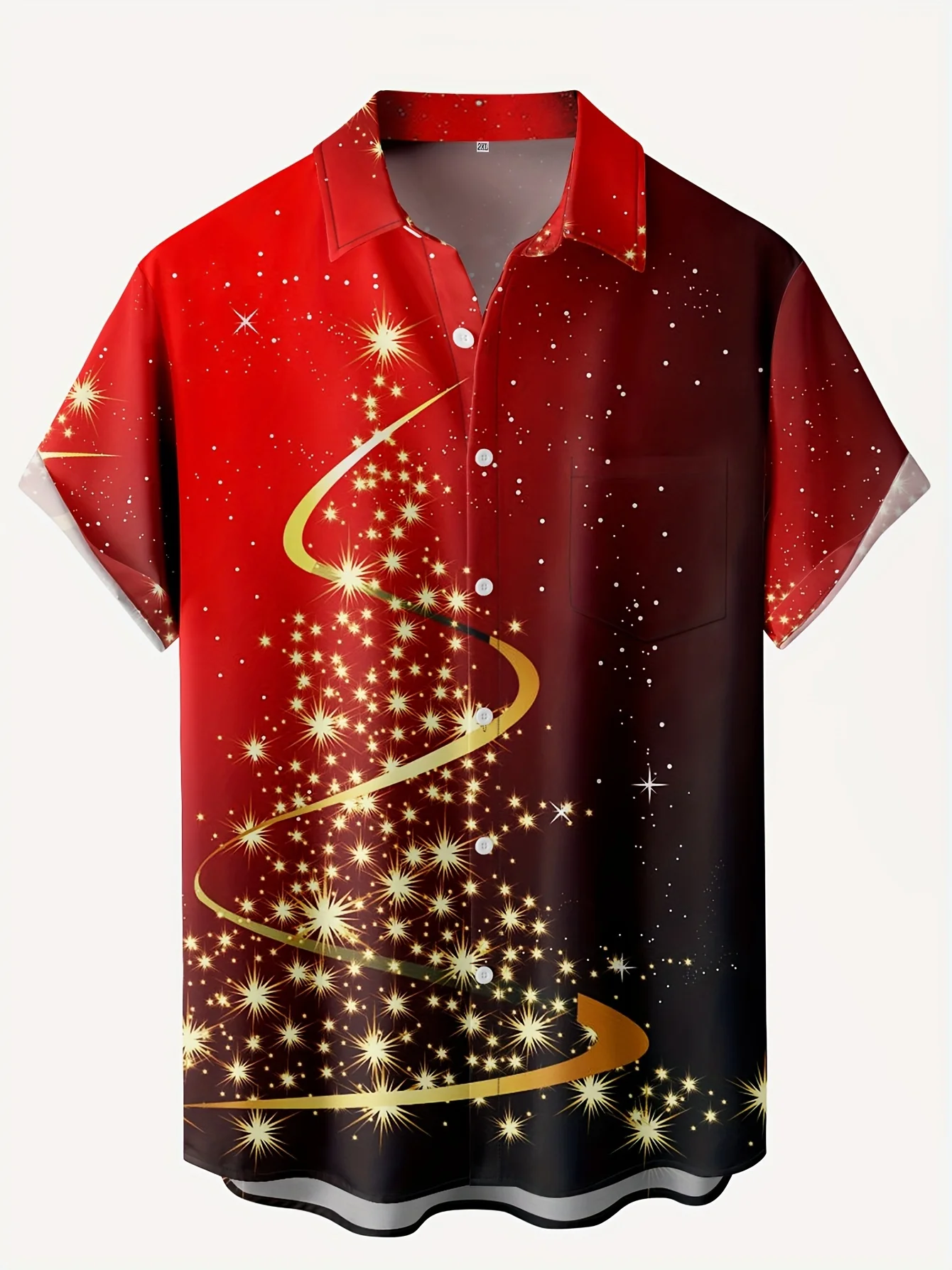 Men Short Sleeve Button Down Shirt Christmas Golden Star Spiral Tree Gradient Print Polyester Casual Holiday Blouse
