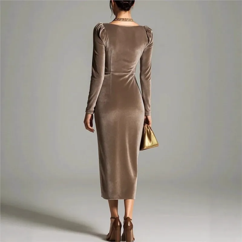 فستان ريترو أنيق مخملي امرأة سليم مطوي فستان الحفلات كم طويل طول الأرض شق Bodycon فستان الزفاف ضيف مكتب سيدة #4